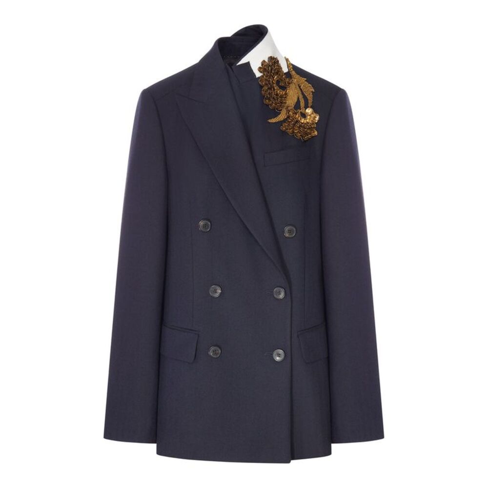 Dries Van Noten Women Navy Blue Double-Breasted Blazer With Jewel Applique